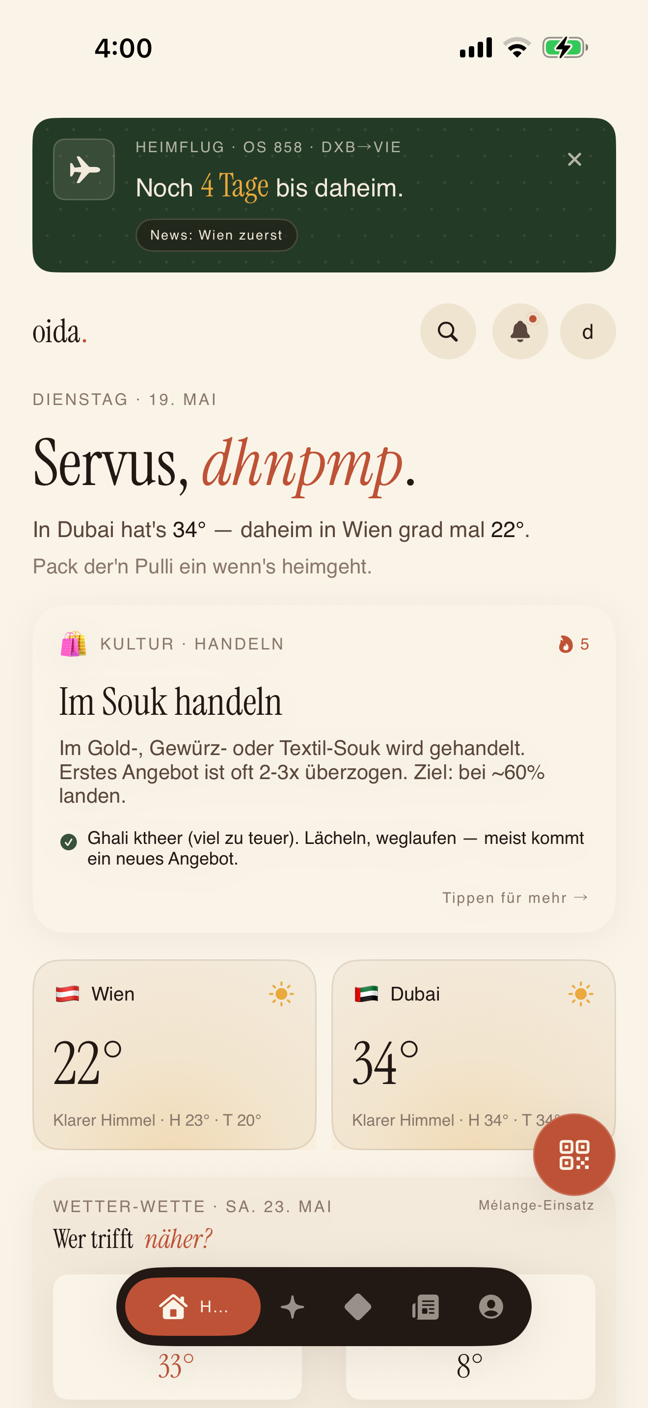 Oida iPhone App — Startbildschirm mit Stempel-Karte, Events und Schmäh des Tages