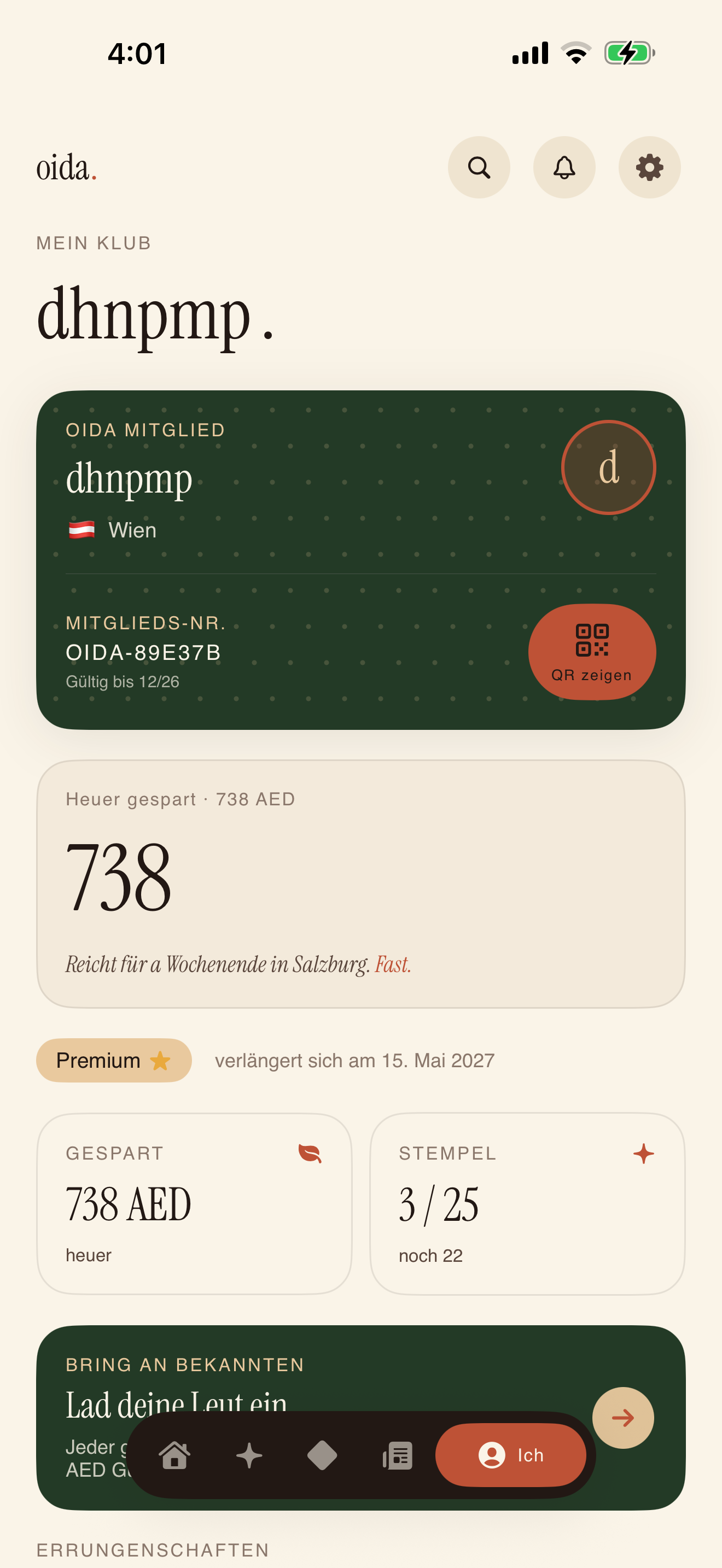 Mitglieder-Profil mit Trust-Score, Stempelpass und Klub-Guthaben