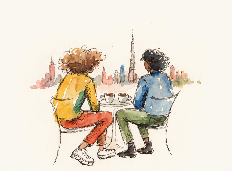 Zwei Menschen beim Kennenlern-Kaffee in Dubai