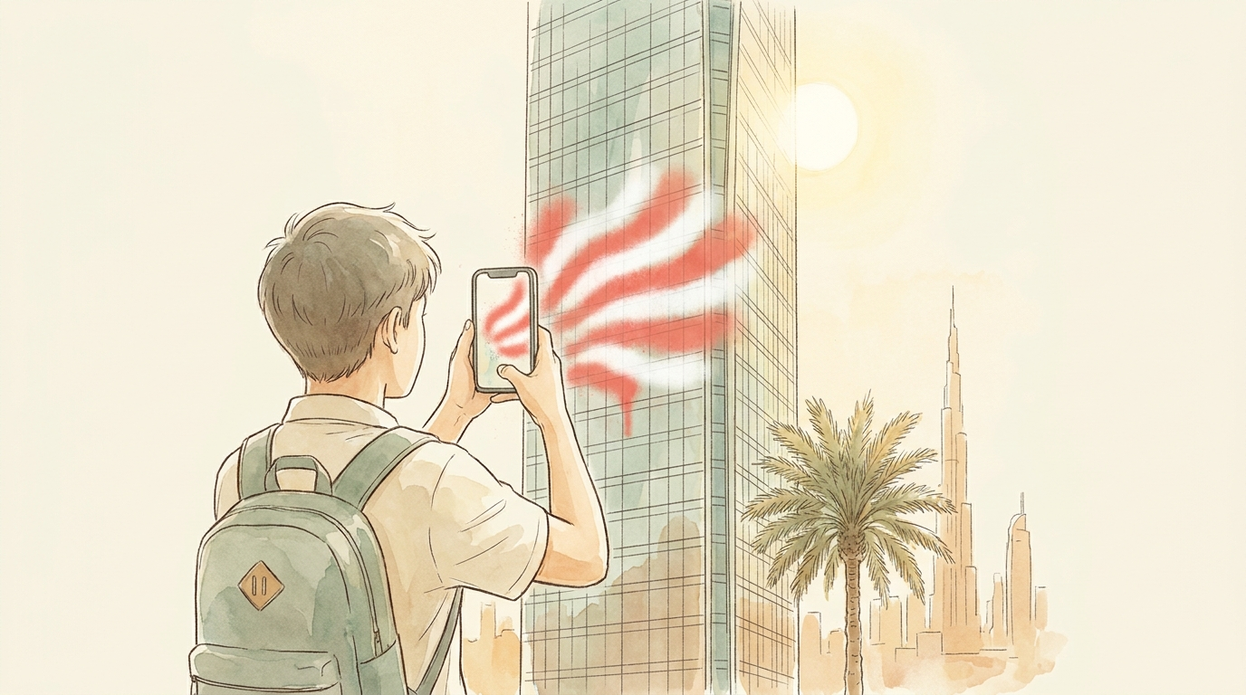 Mit dem Handy eine Flagge auf ein Dubai-Gebäude sprühen